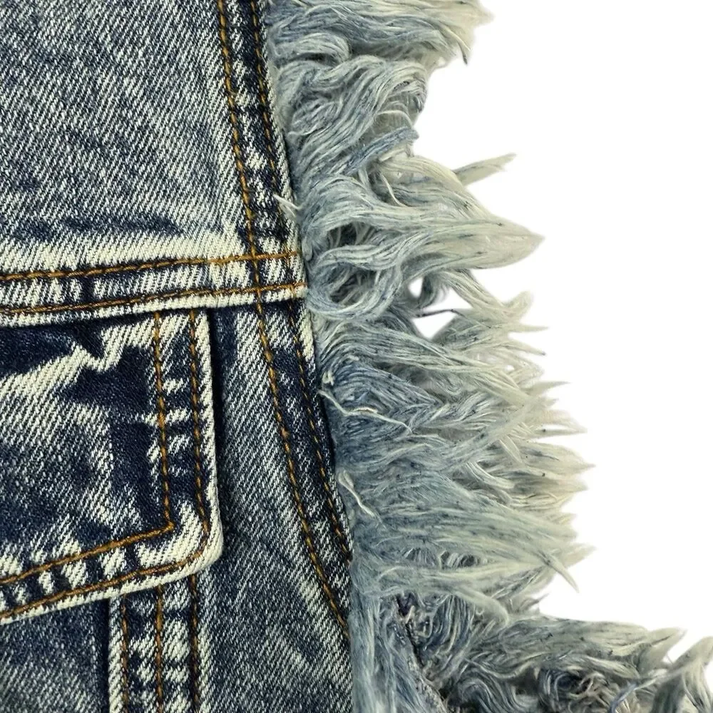 Umgee Acid Washed Denim Midi Vest Women Small Retro 90s Frayed Factory Distress - Picture 4 of 12